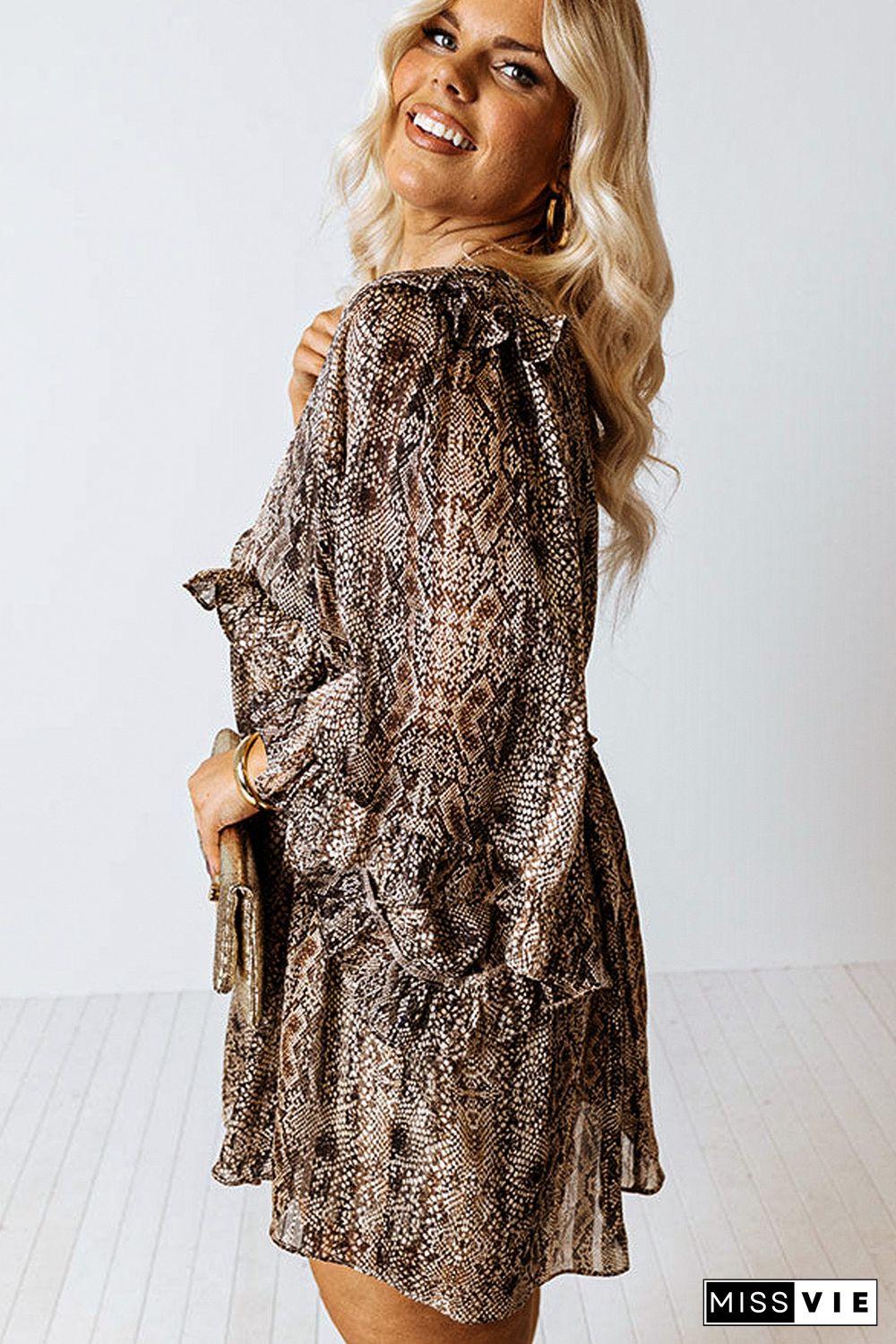 Brown Snake Print Crinkle Plus Size Dress