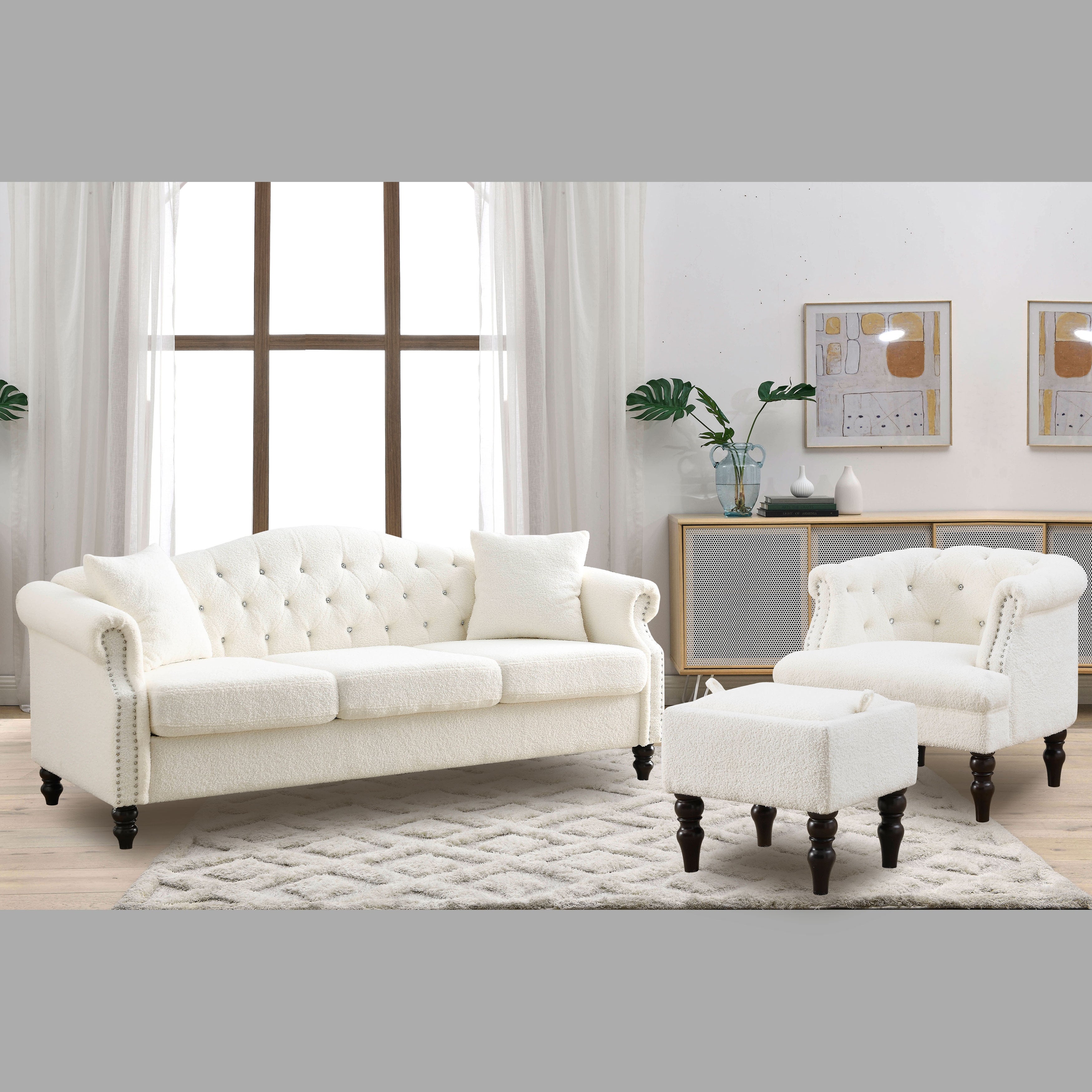 3+1 Combination of Chesterfield 3 Seater Sofa and Chair Modern White Teddy Upholstered Padded Seat with Two Pillows and Nailhead