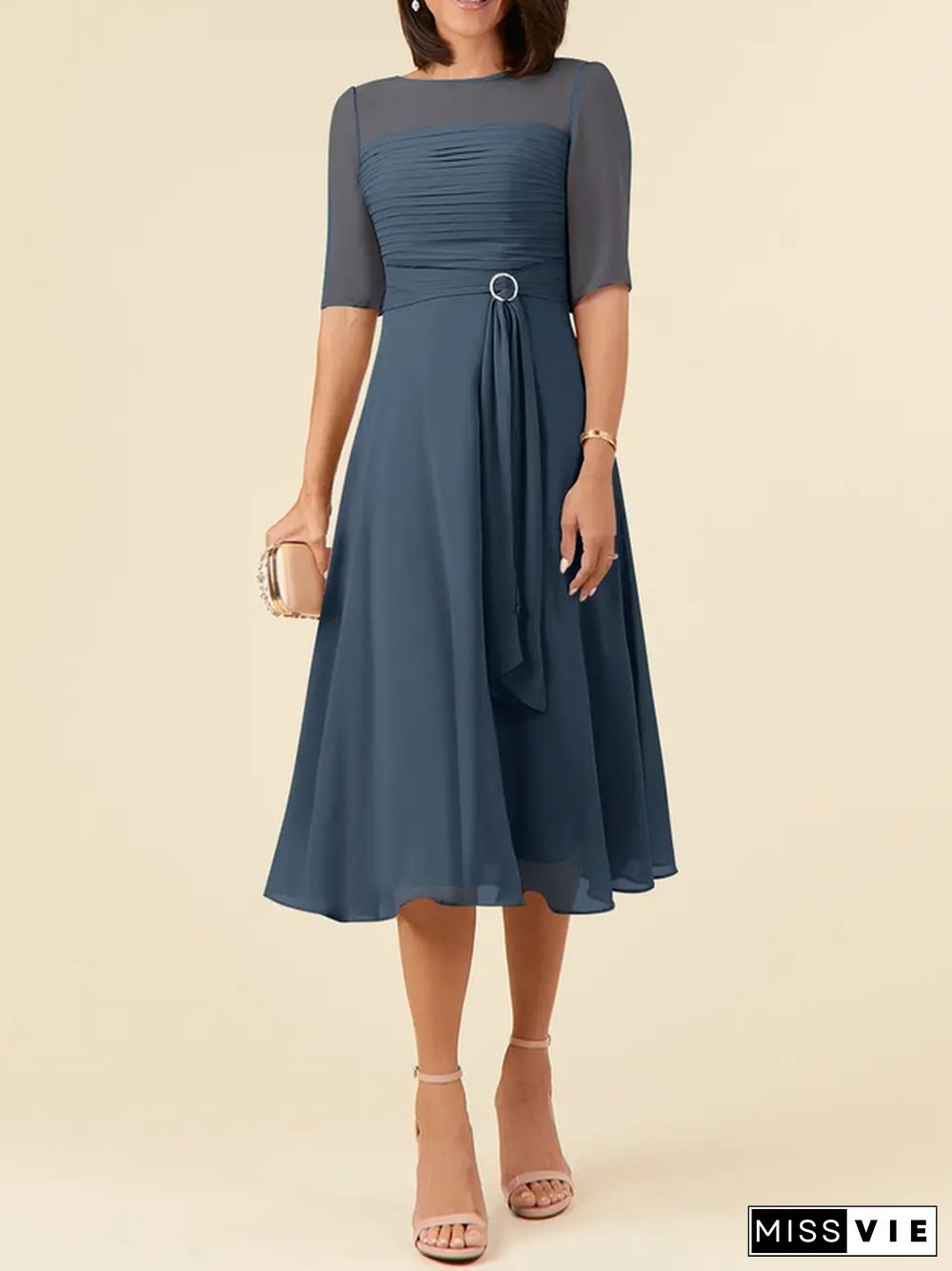 Elegant Crew Neck Chiffon Dress