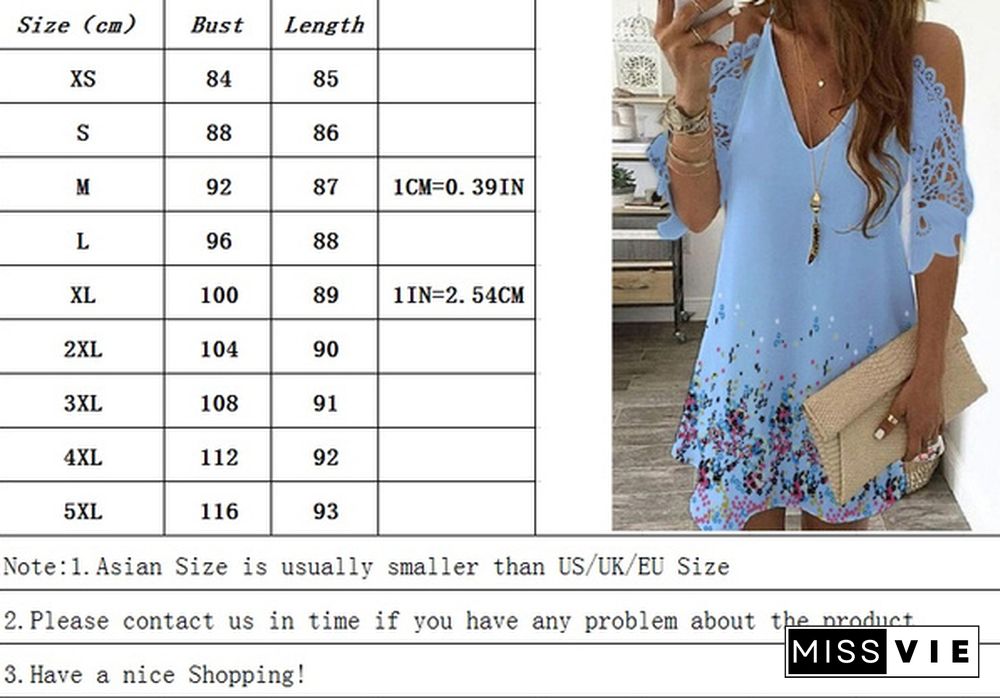 Half Sleeves Print Floral Dress Women Causal Off Shoulder Midi Dress V Neck Lace Casual Party Dresses Plus Size