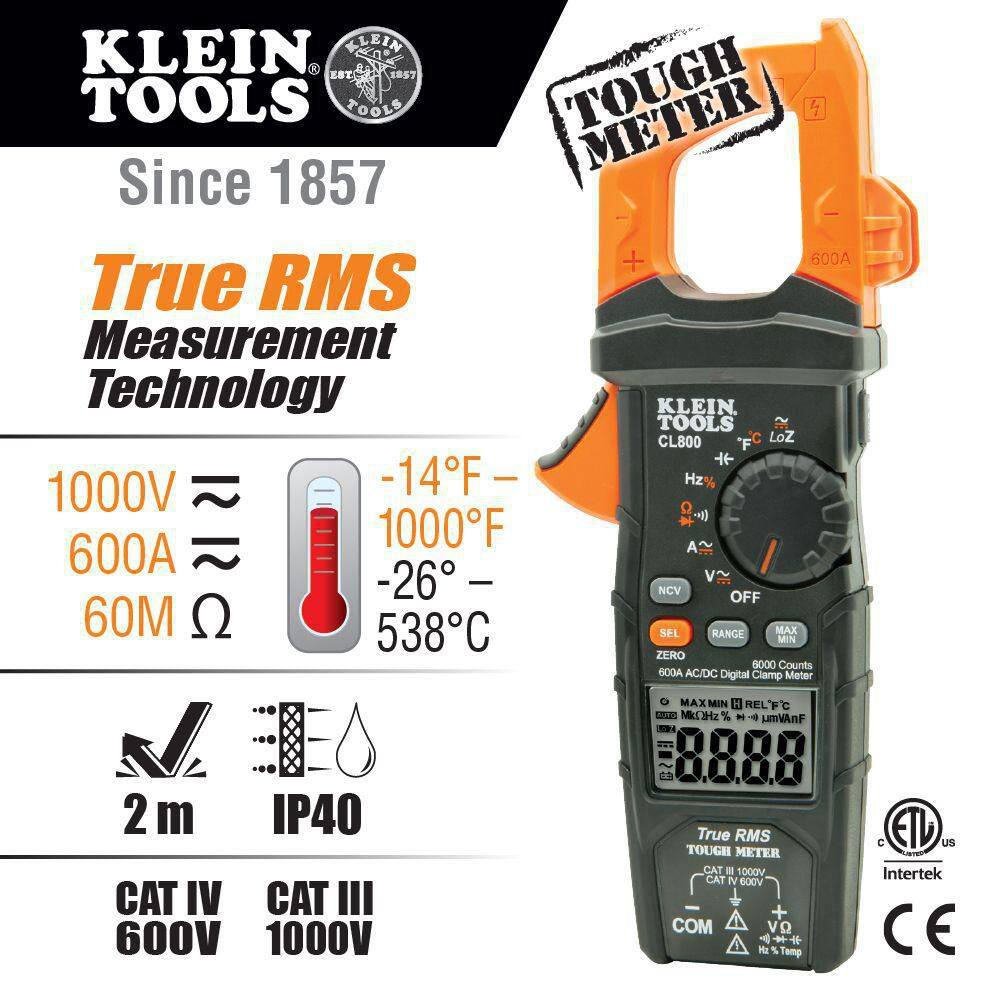 Klein Tools 600 Amp ACDC True RMS Auto Ranging Digital Clamp Meter (CL800) CL800