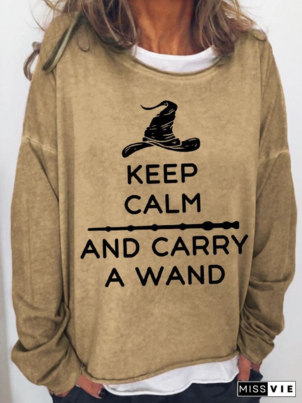 Women's Keep Calm & Carry a Wand Print Long Sleeve Sweatshirt