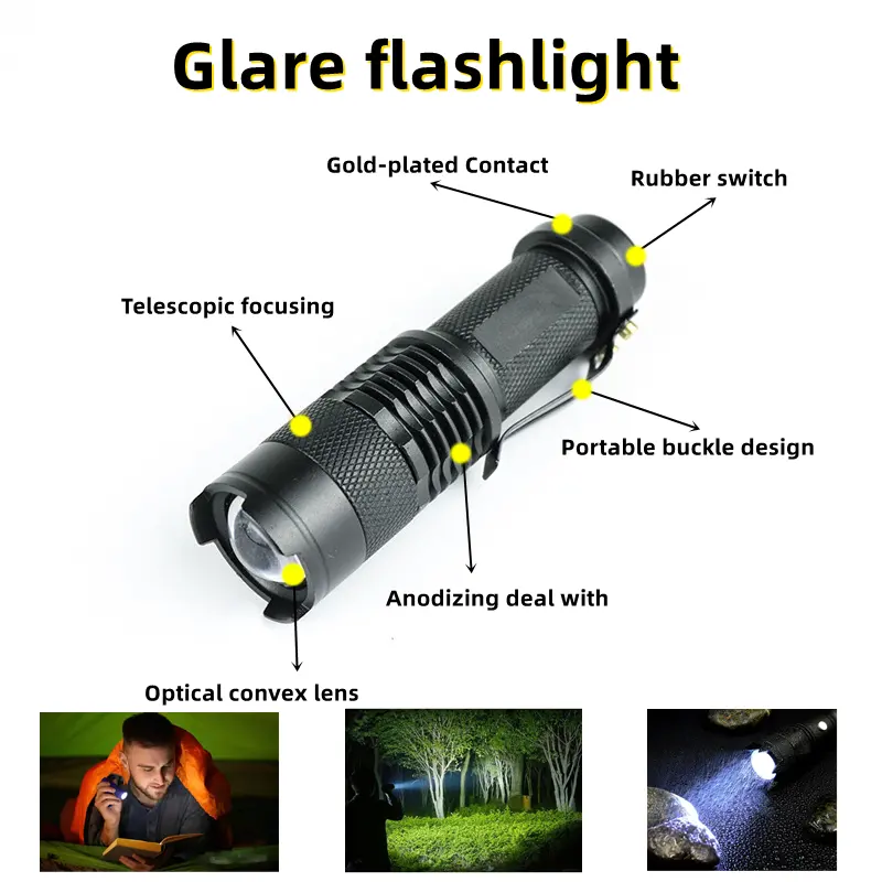 Factory 3 Modes Mini Q5 LED Flashlight Torch Adjustable Focus Zoomable Light For Camping