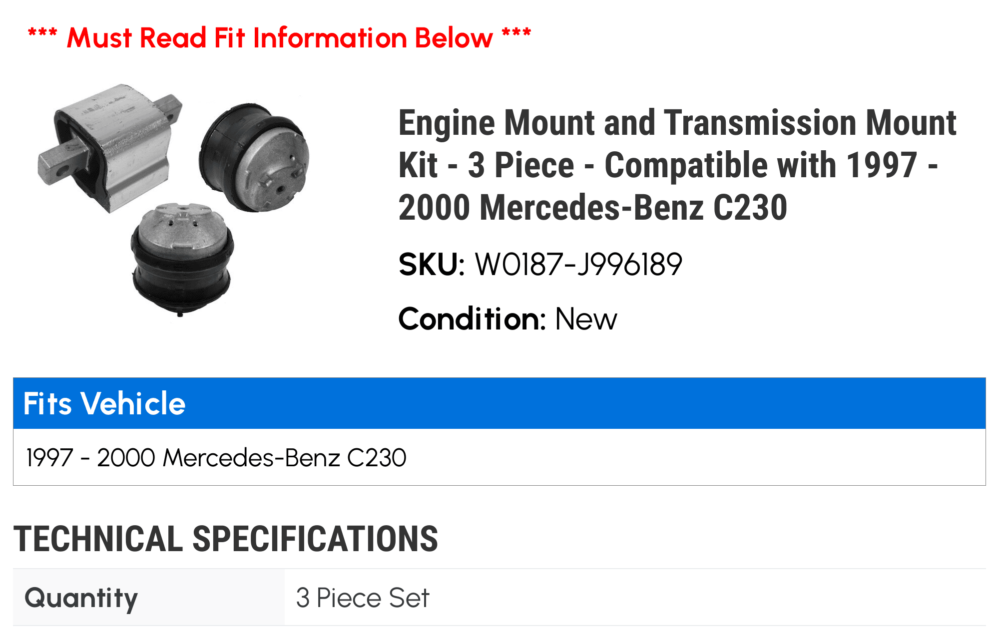 Engine Mount and Transmission Mount Kit - 3 Piece - Compatible with 1997 - 2000 Mercedes-Benz C230 1998 1999