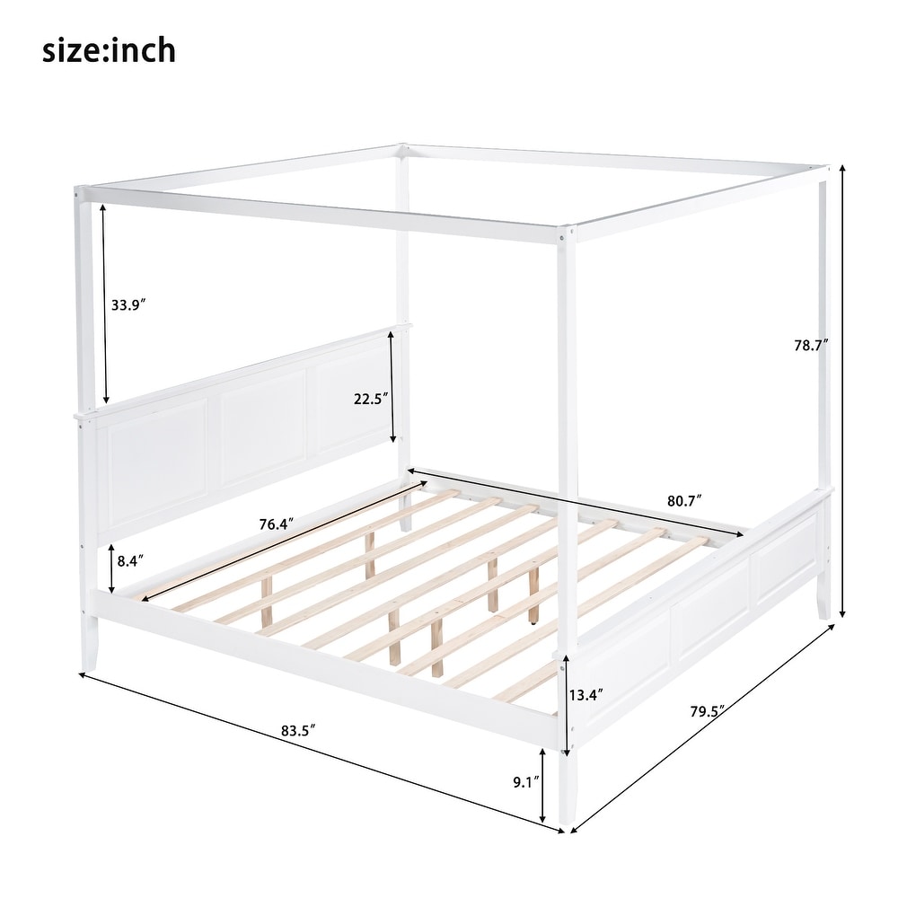 White Canopy Platform Bed   King Size  Pine Wood   MDF  Modern Design  No Box Spring Needed  Suitable for Curtains