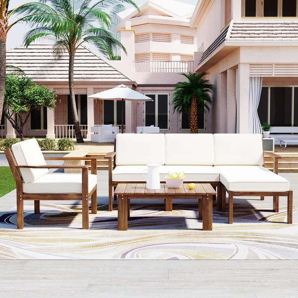 Backyards Sectional Sofa Set with Small Table Lshape Conversation Sets Acacia Wood Beach Chairs Single Sofa for Gardens