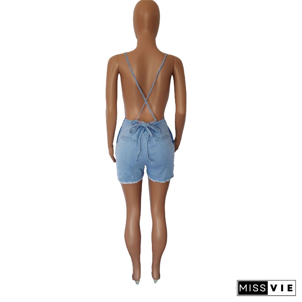 Spaghetti Strap Lady Backless Zipper Denim Rompers