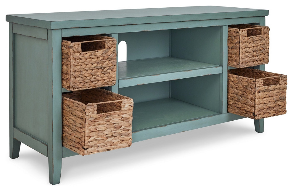 Benzara BM283303 47 quotRustic TV Entertainment Console Open Shelf 4 Baskets  Blue   Beach Style   Entertainment Centers And Tv Stands   by Homesquare  Houzz