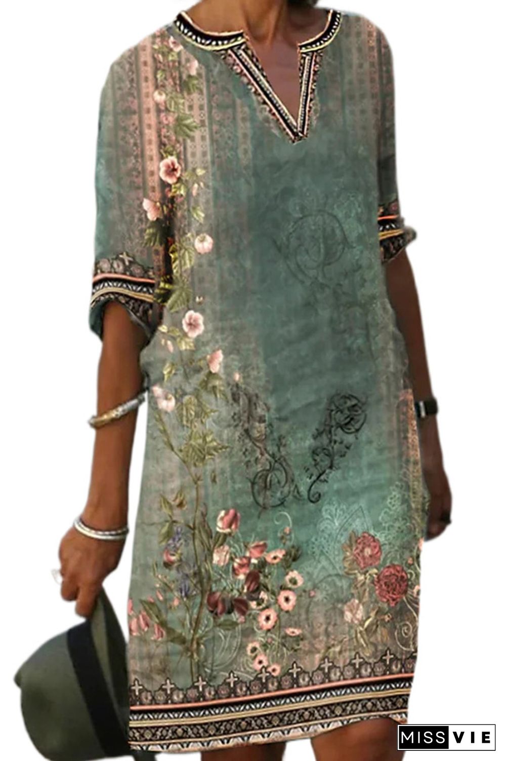 V Neck Ethnic Floral Print T-Shirt Dress