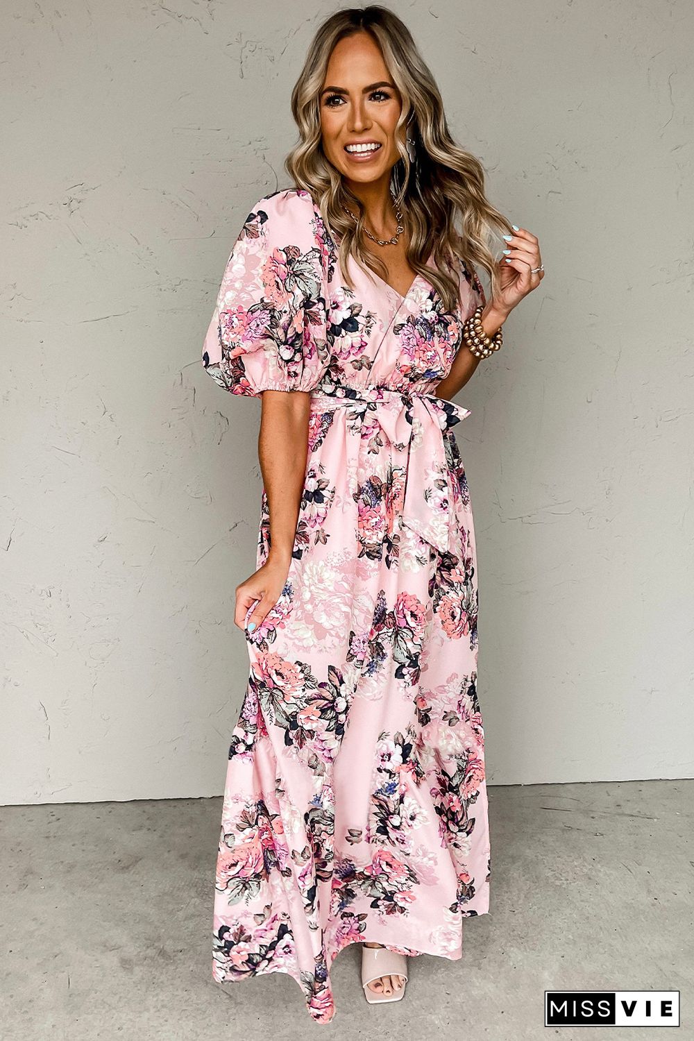 Pink Floral Puff Sleeve High Waist Maxi Dress