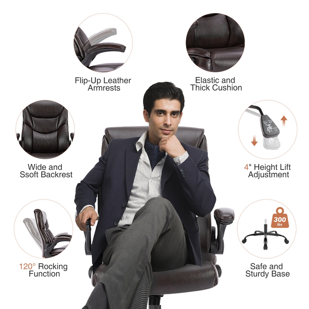 Executive Office PU Leather Desk Chair High Back Flip Up Armrest Adjustable Ergonomic Office Chair