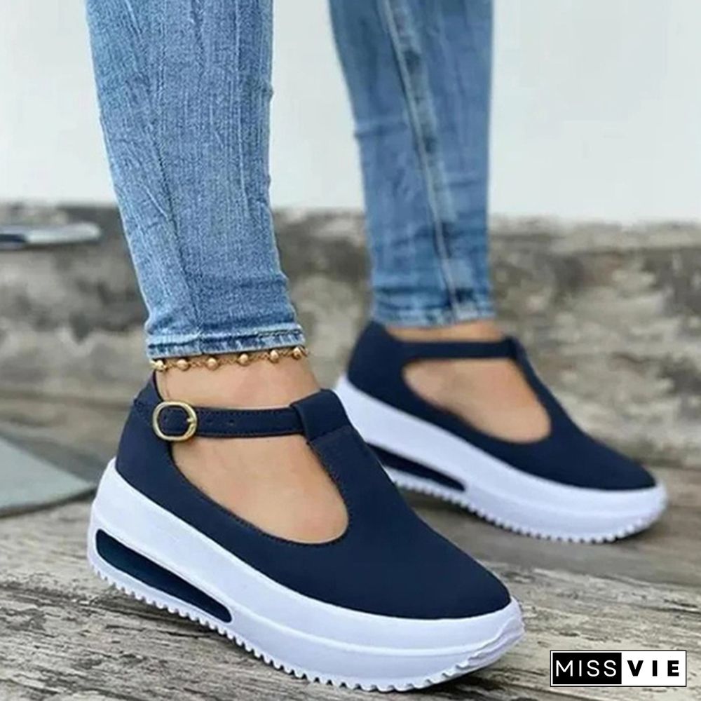 Women Summer Retro Buckle Round Head Wedge Platform Slip-On Sandals Solid Color Slipper Shake Shoes