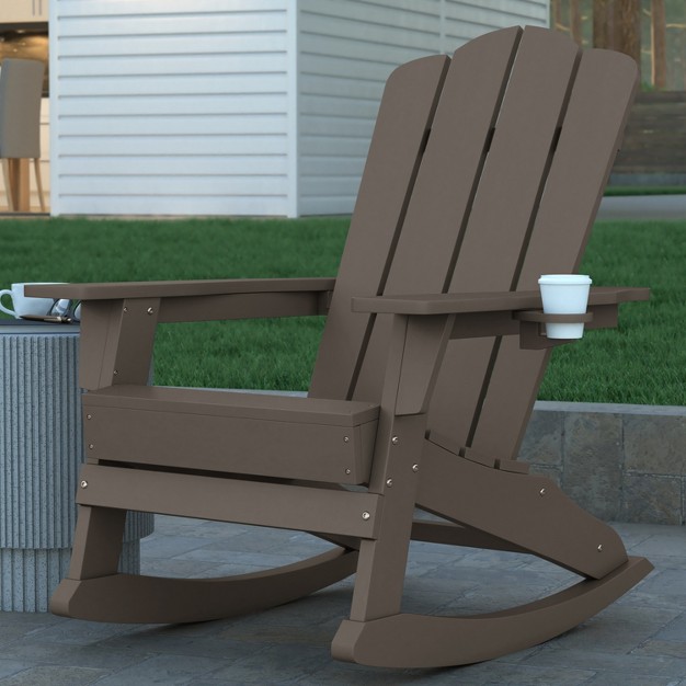 Emma And Oliver Set Of 2 Adirondack Rocking Chairs With Cup Holders Weather Resistant Hdpe Adirondack Rocking Chairs In Brown