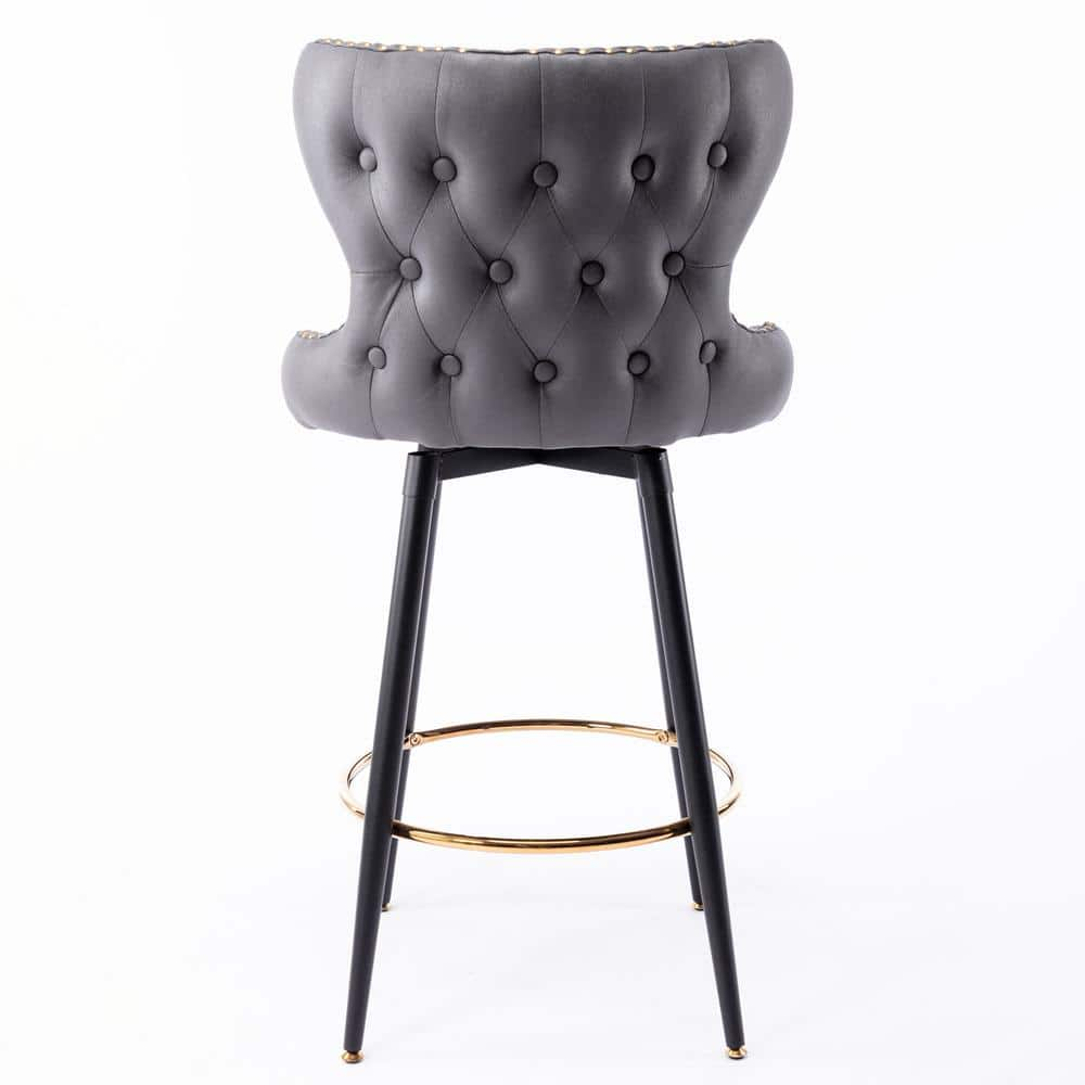 URTR 41.3in. H Modern Leather Fabric Side Bar Chairs, 180° Swivel, Gold Nailhead Trim Stools with Metal Legs, Set 2, Gray LHL-010CDG