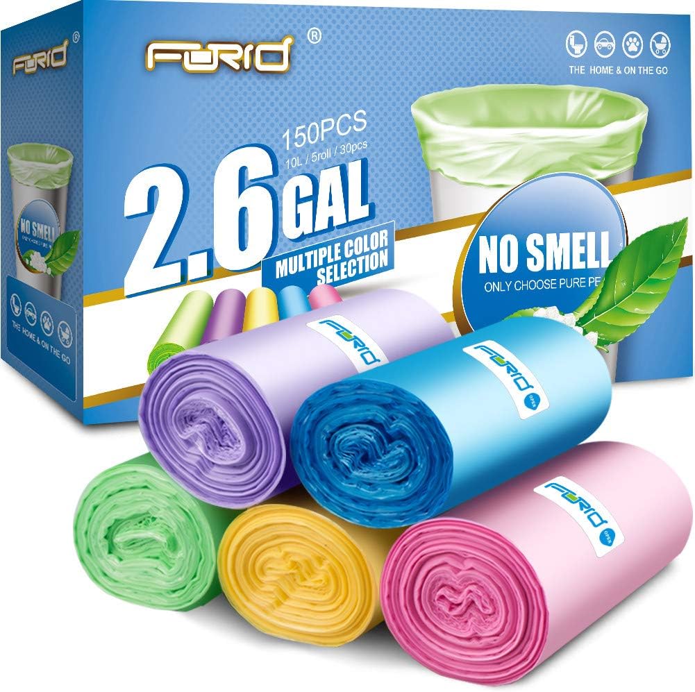 Small Trash Bag, 2.6 Gallon Garbage Bags FORID Bathroom Trash can Liners for Bedroom Home Kitchen 150 Counts 5 Color