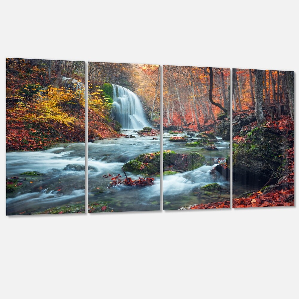 Autumn Mountain Waterfall Long View Landscape Photo Canvas Print   Orange