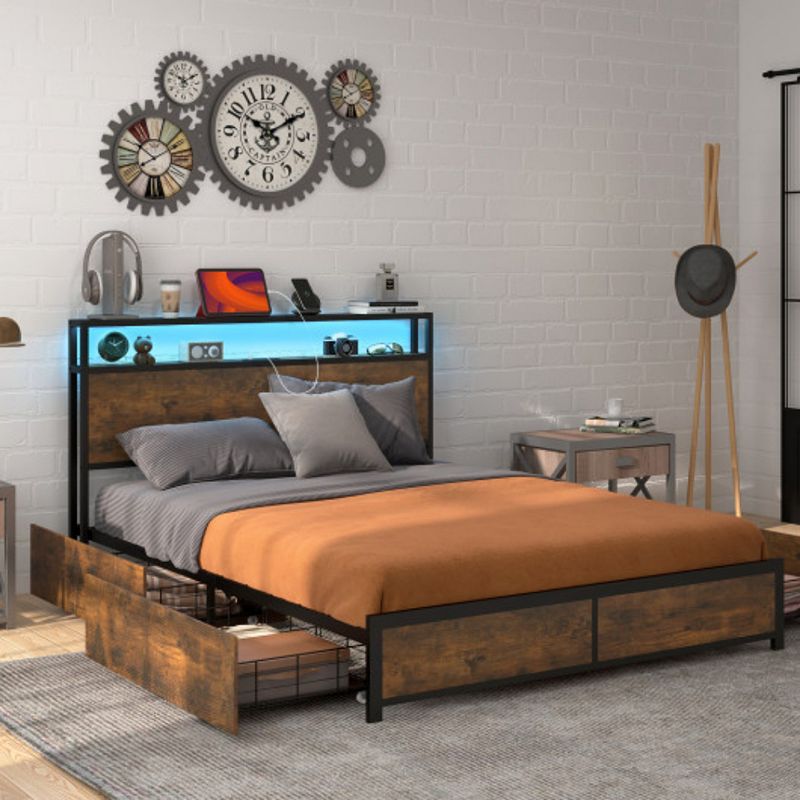 Full Size Bed Frame with Smart LED Lights and Storage Drawers