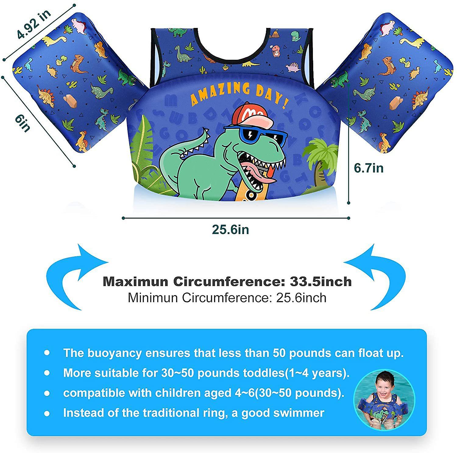 Kids Swim Vest Life Jacket For 22-66 Pounds Boy And Girl， Toddler Floaties With Shoulder Harness Arm Wings For 2，3，4，5，6，7 Years Old Baby