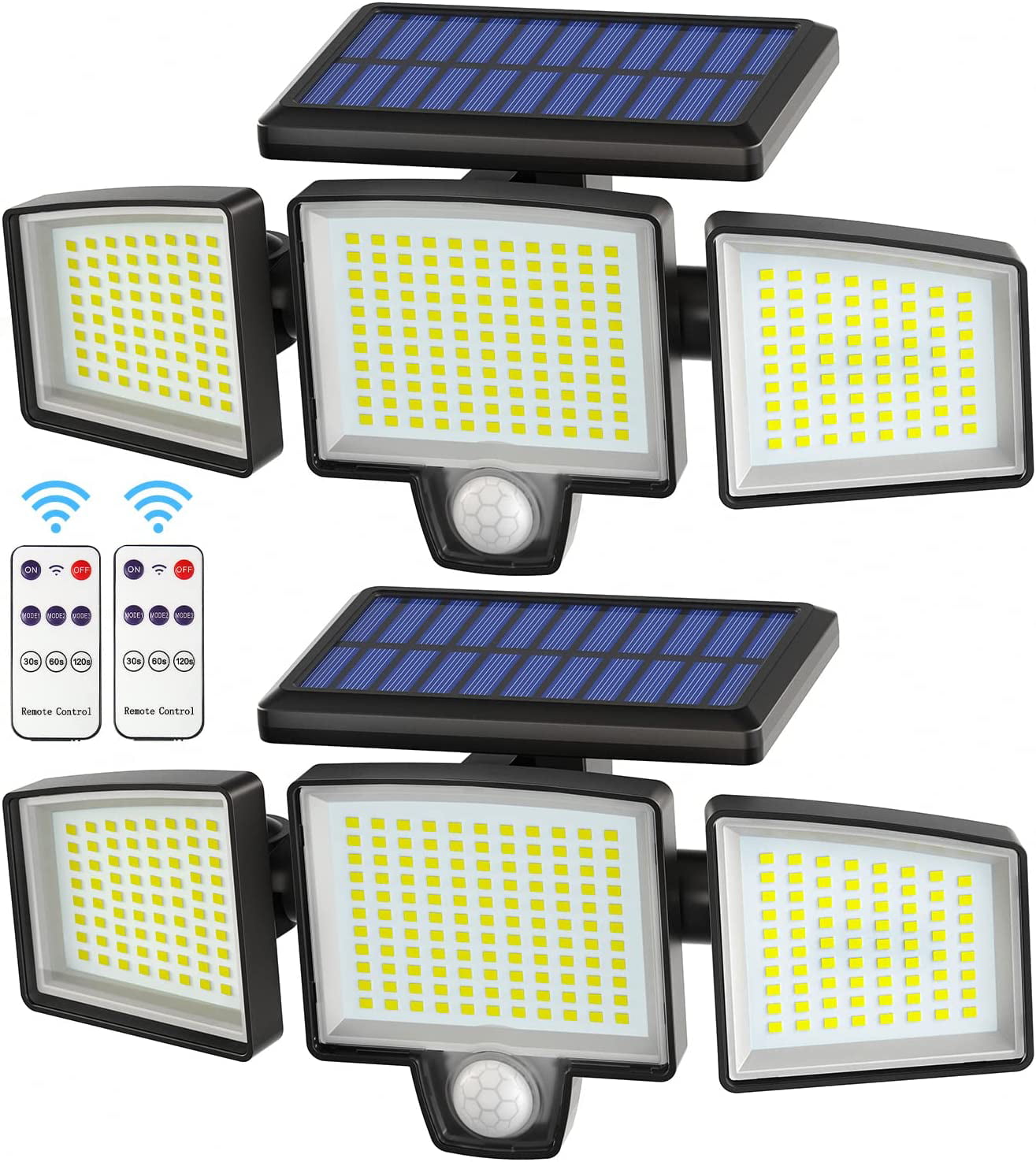 Solar Outdoor Lights， Sktamt 265 LED 2800LM Security Flood Lights with Motion Senor， Remote Control， 3 Lighting Modes， 3 Heads Outside Lights， 270° Wide Lighting， IP65 Waterproof Wall Light， 2 Packs