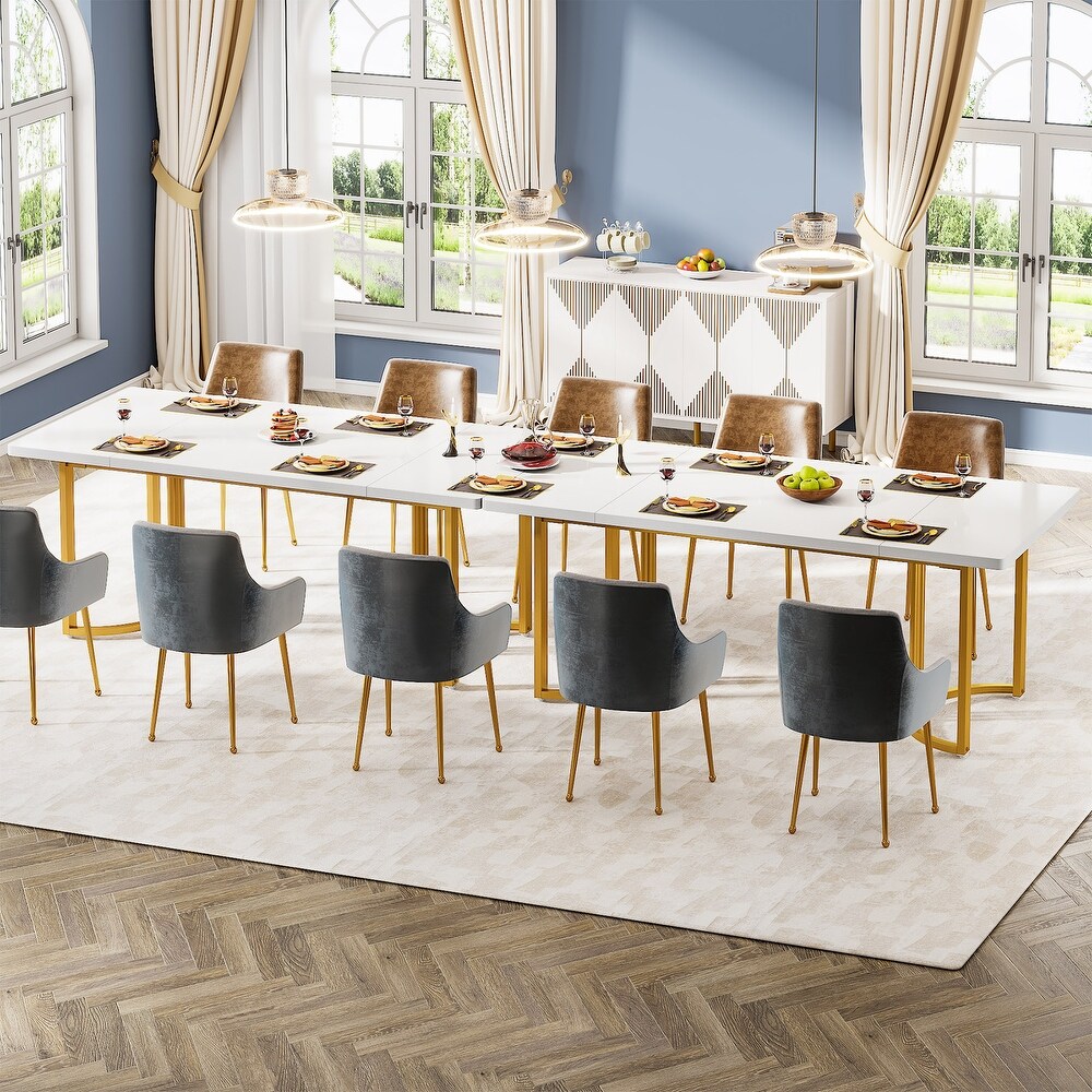 Modern Dining Table for 6 to 8  71 Inch White Kitchen Table with Gold Base  Rectangular Dinner Table for Dining Room