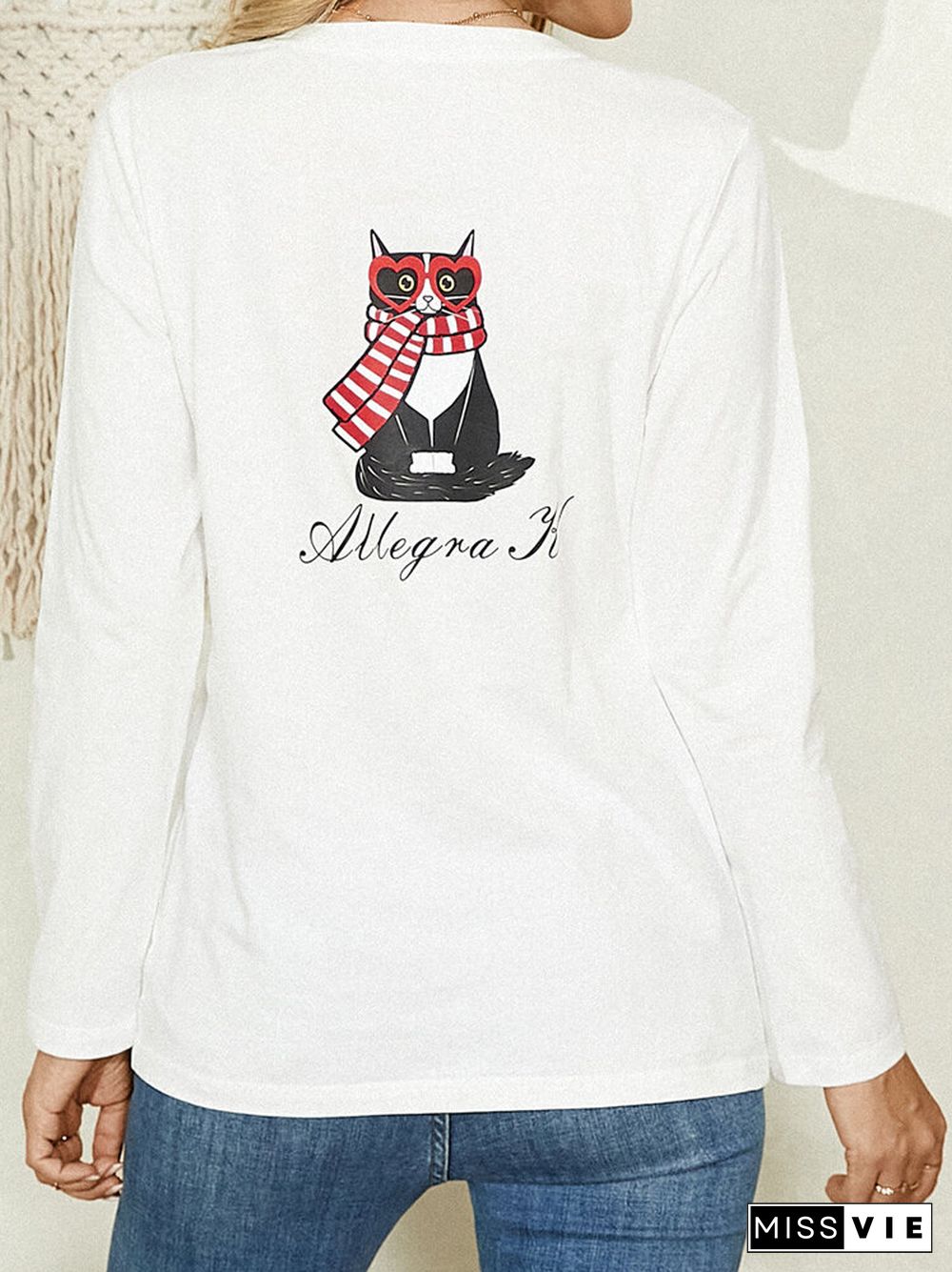 Cartoon Cat Letter Print O-neck Long Sleeve Casual T-shirt For Women