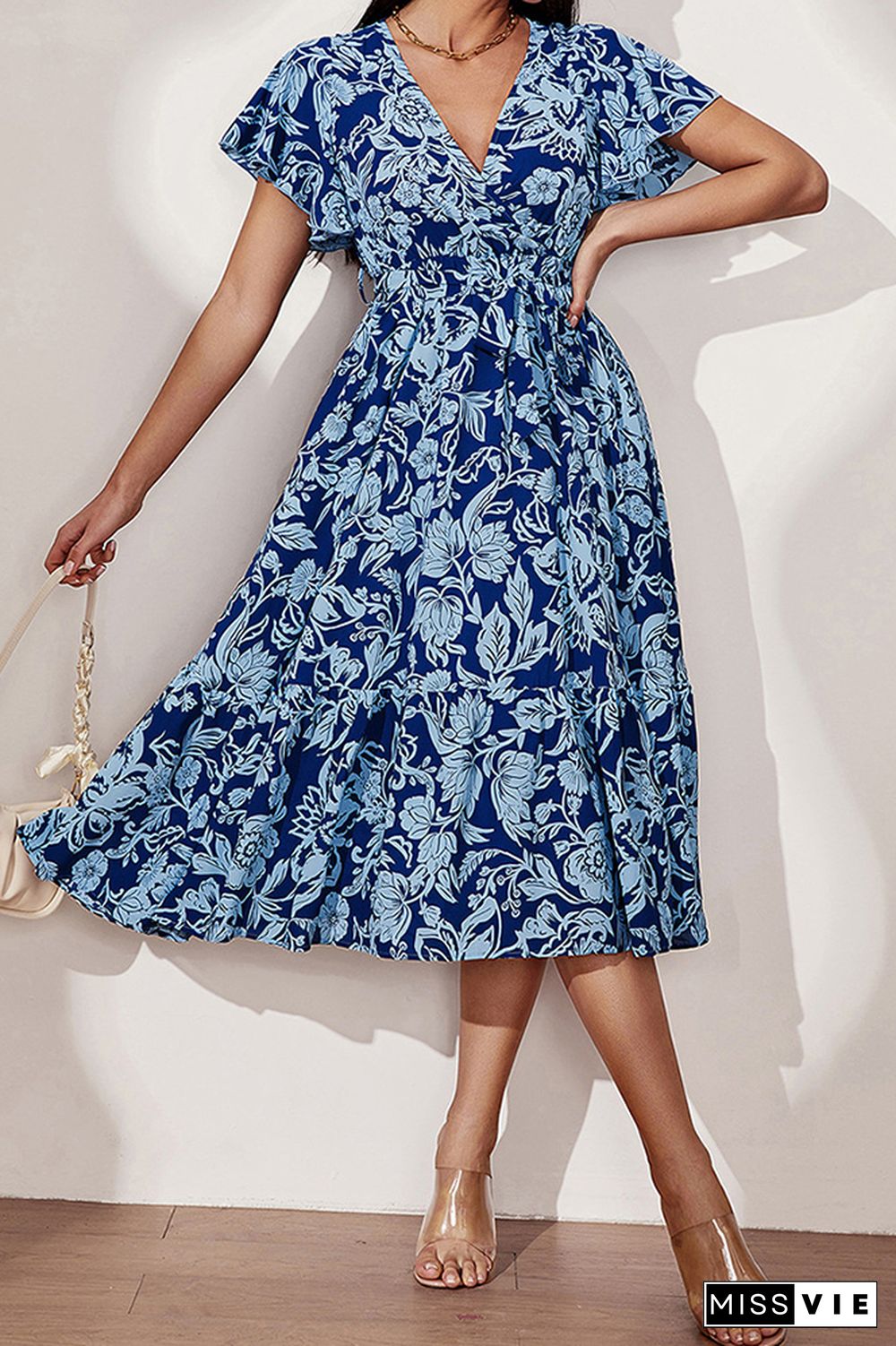 Blue Short Sleeves V Neck Floral Dress