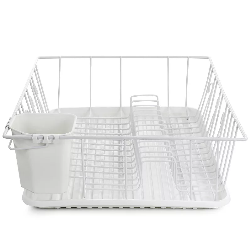 MegaChef Pro 17.5 Inch White Single Level Dish Rack with 14 Plate Positioners and a Detachable Utensil Holder