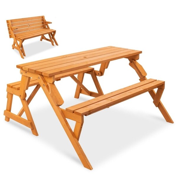 Outdoor Interchangeable 2 in 1 MultiUse Wooden Picnic Table Garden Bench Umbrella Hole