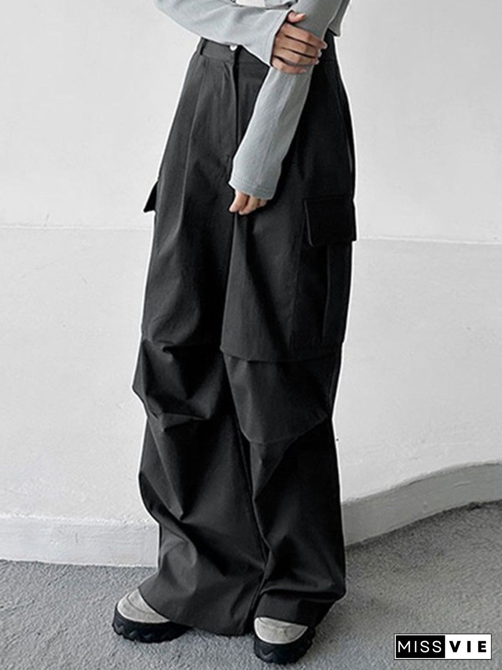 Street Pleated Large Pocket Cargo Straight Leg Pants