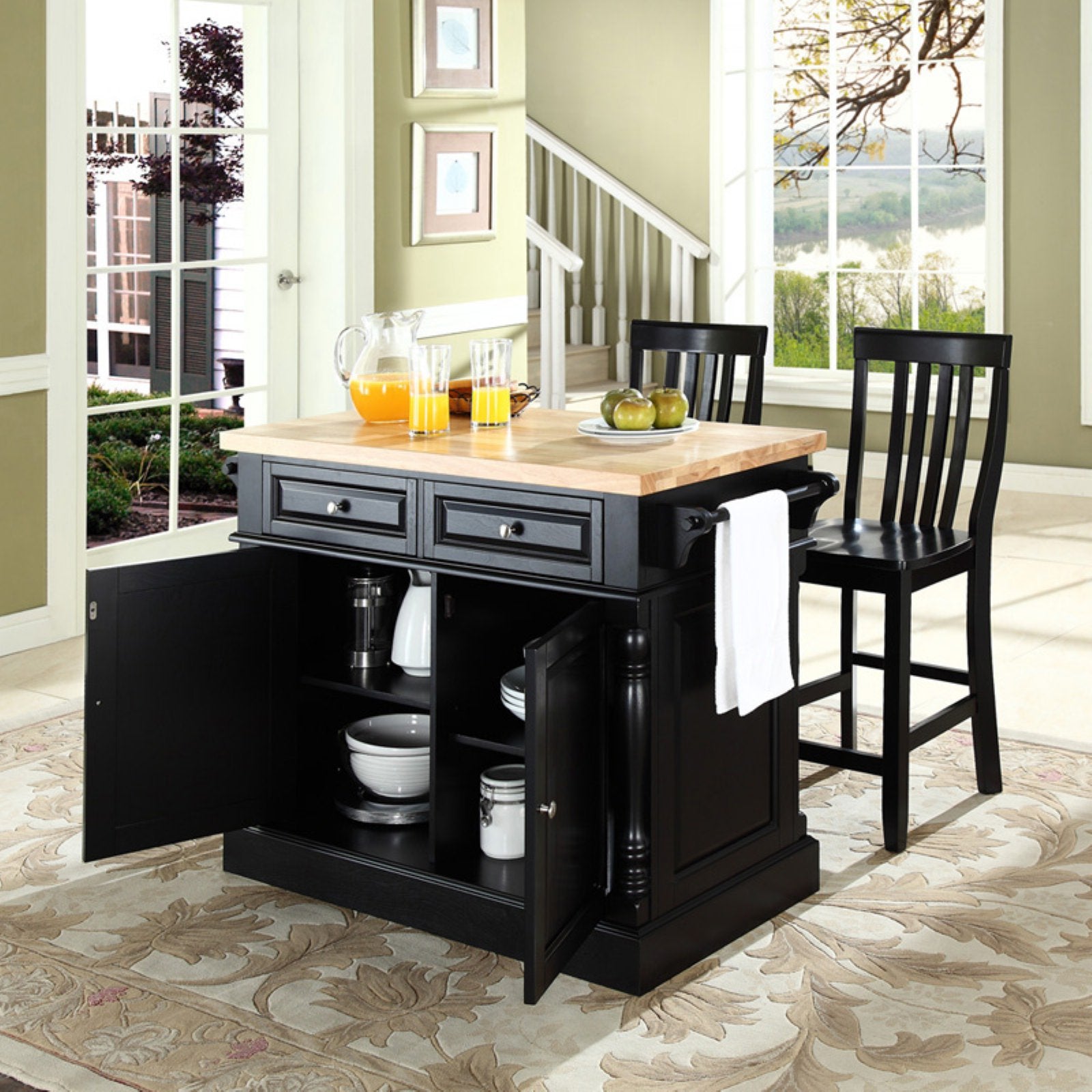 Crosley Butcher Block Top Kitchen Island with 24 in. School House Stools