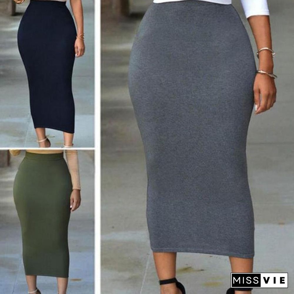 Lady Women Summer Casual Bodycon Pure Color Plain Maxi Long Pencil Skirt