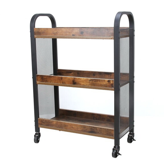 3 Tier Wood and Metal Kitchen Cart with Mesh Side ...