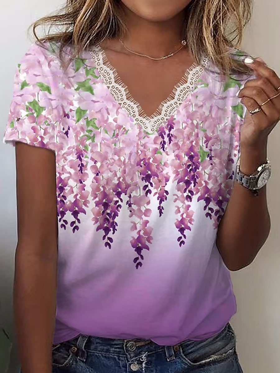 V-neck Lace Casual Loose Floral Print Short-sleeved T-shirt