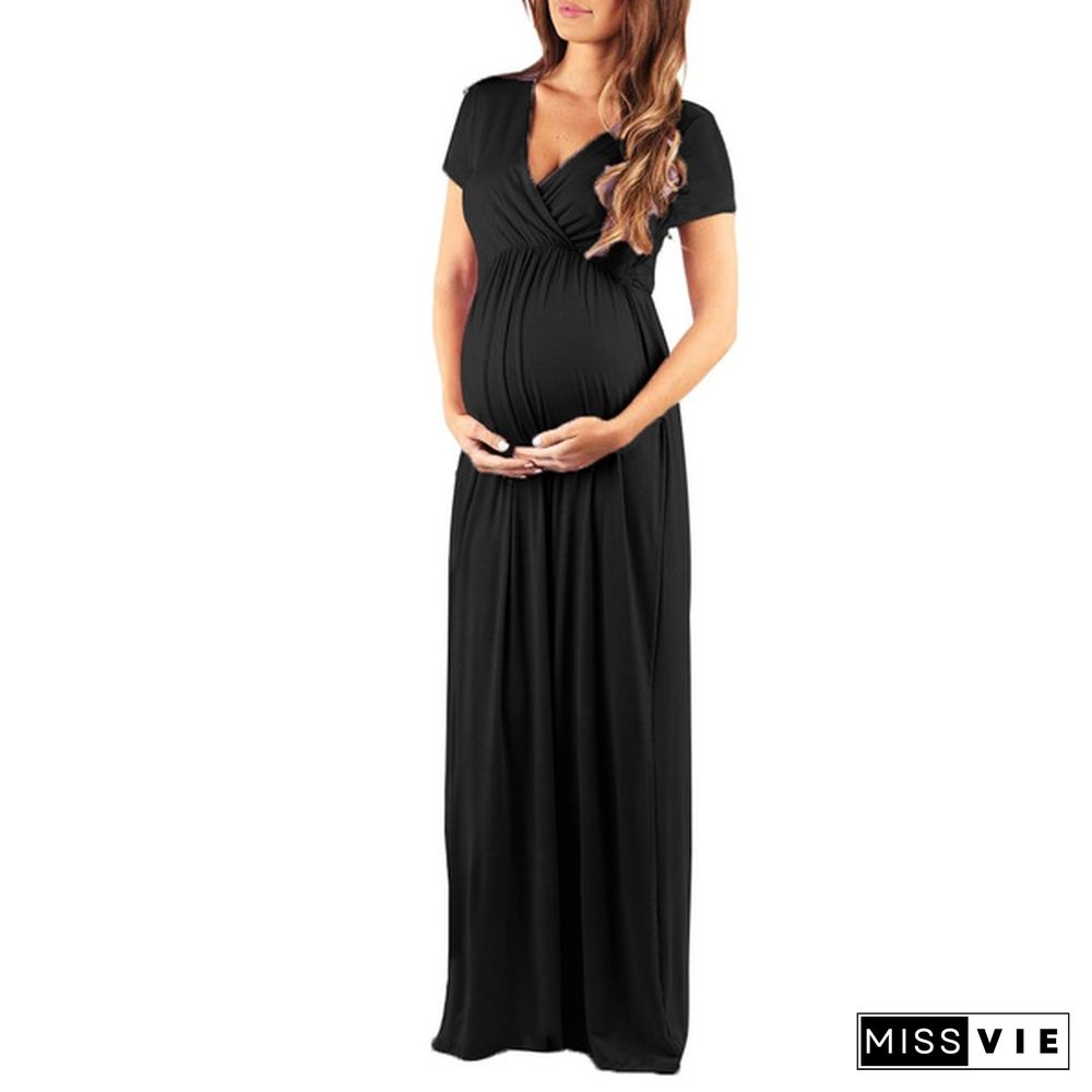 Women's Pregnancy V Collar Short Sleeve Dress Maternity Lady's Sundress Clothes