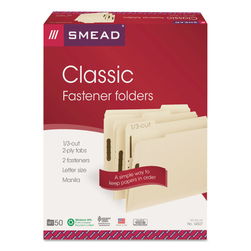 Smead Top Tab 2-Fastener Folders， 1/3-Cut Tabs， Letter Size， 11 pt. Manila， 50/Box (14537)