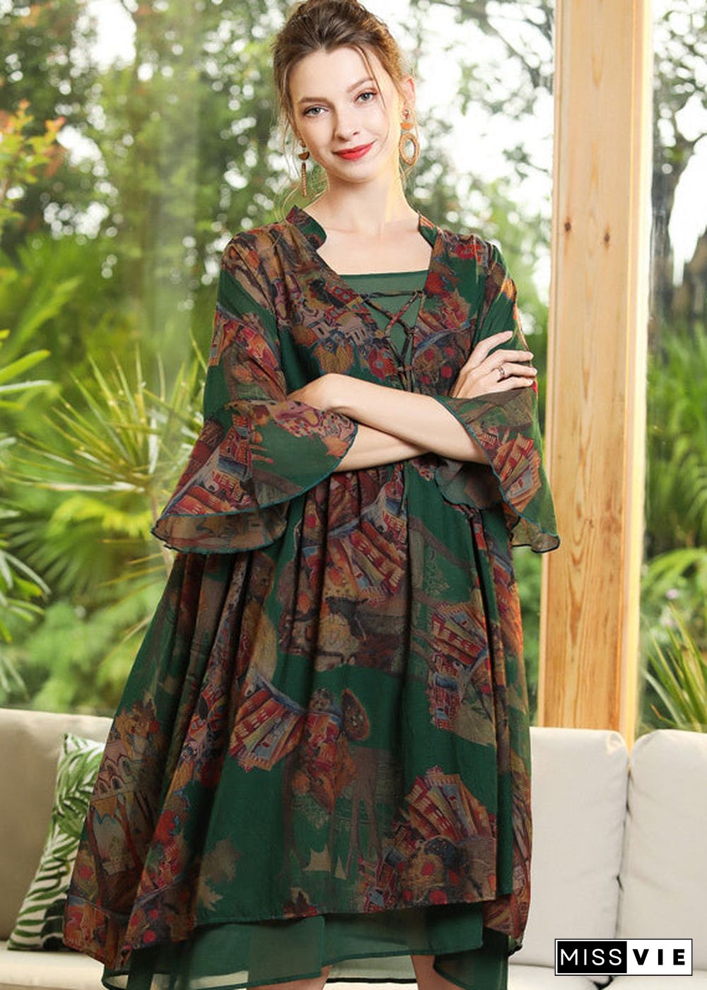 Chic Green Print Ruffled Cross Strap Chiffon Dress Flare Sleeve