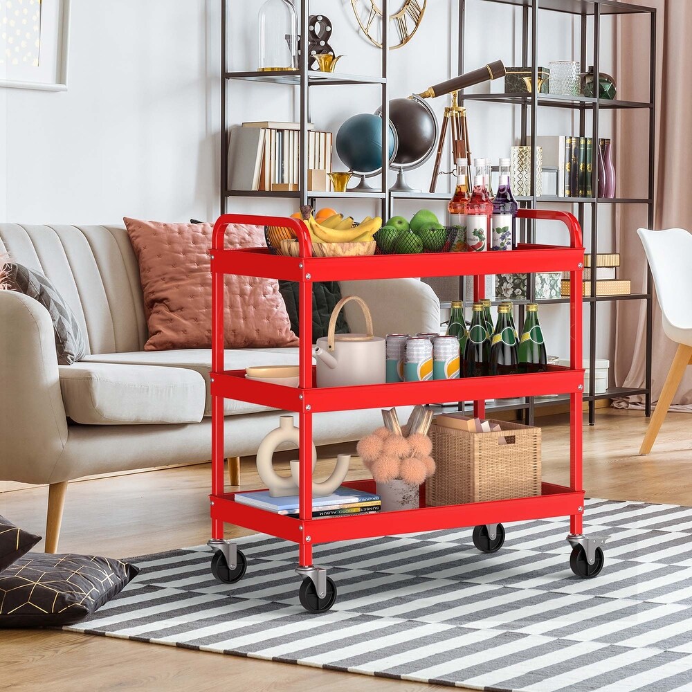 3 Tier Metal Utility Cart Storage Service Trolley Tool Storage Red