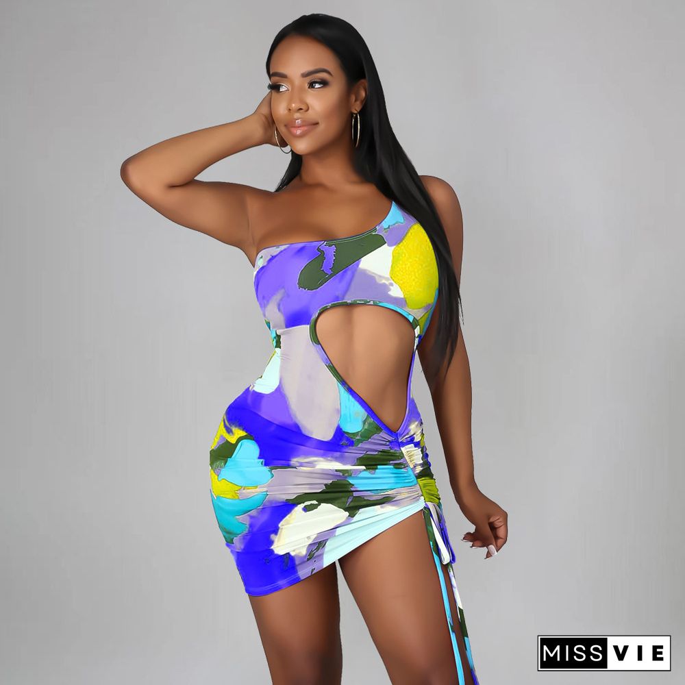 Tie Dye Print Drawstring Cut Out Sexy Dresses