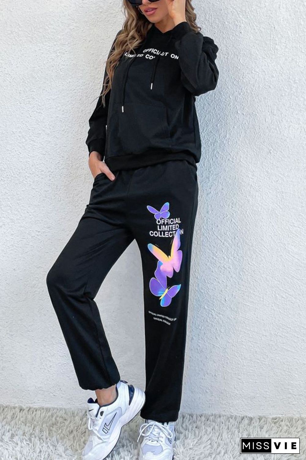 Black Drawstring Hoodie And Printing Pants 2PCS Set