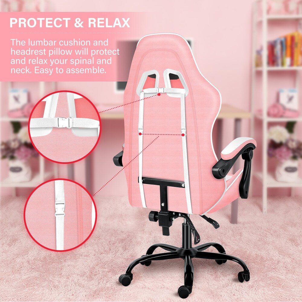 Simple Deluxe Gaming Chair  Office High Back Computer Ergonomic Adjustable Swivel Chair with Headrest and Lumbar Support  Pink