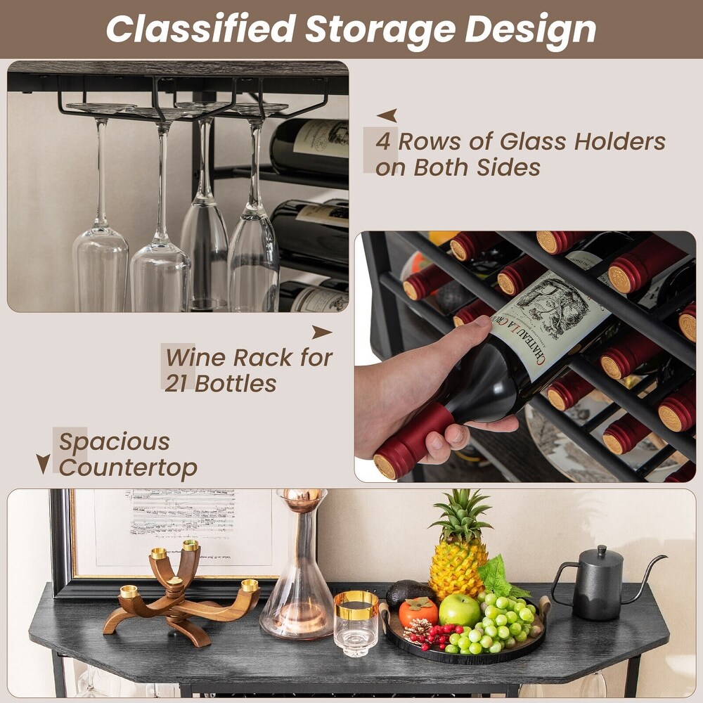 Gymax 3 Tier Wine Bar Cabinet with Storage Shelves Glass Holders