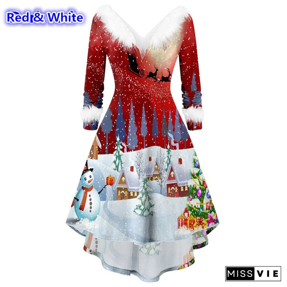 Plus Size Xs-5Xl Christmas Dress Fashion Women Long Sleeve Vintage Elegant V Neck Christmas Print Big Swing Party New Year Winter Clothes