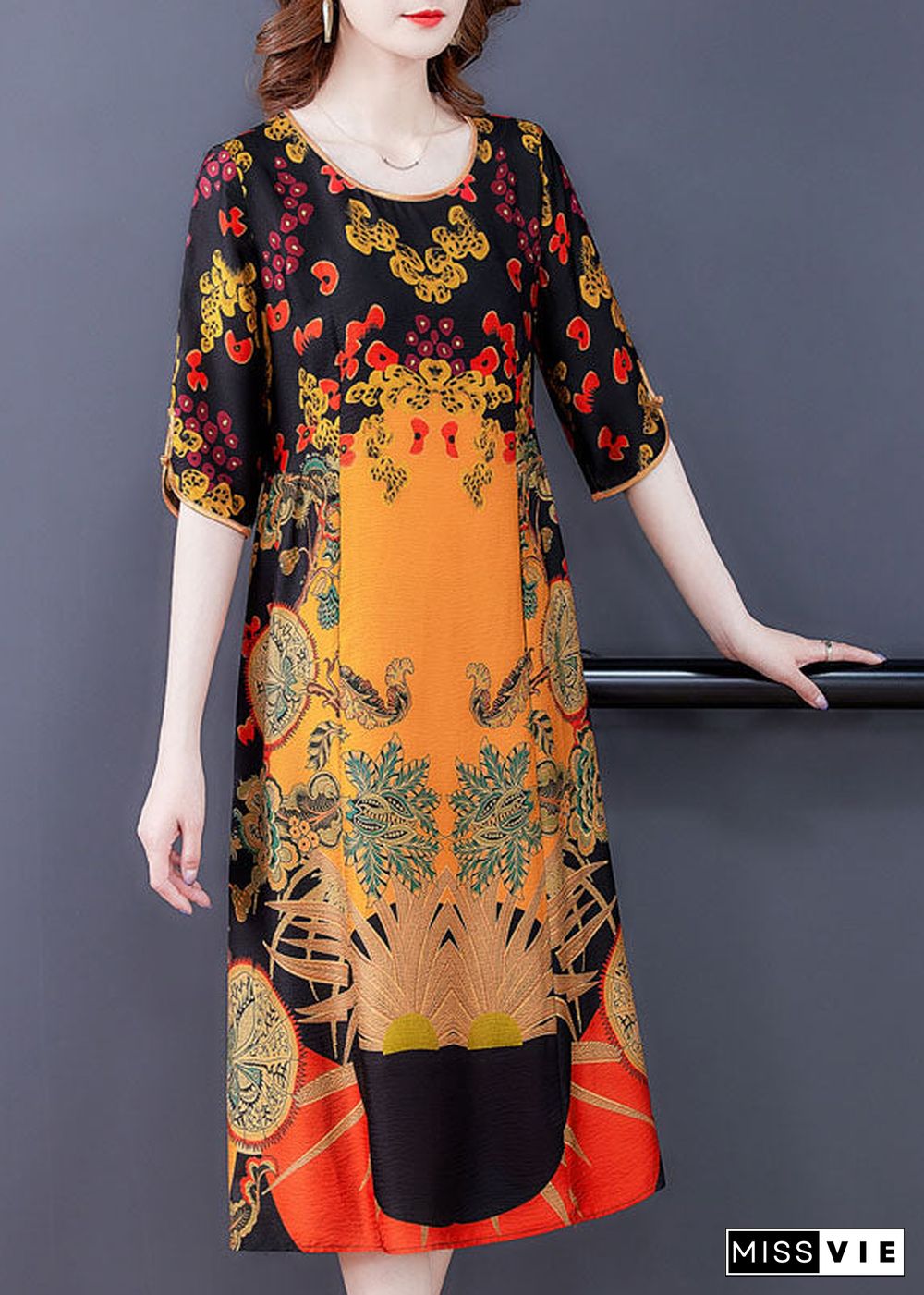 Women Yellow O-Neck Print Silk Women's Dress Half Sleeve