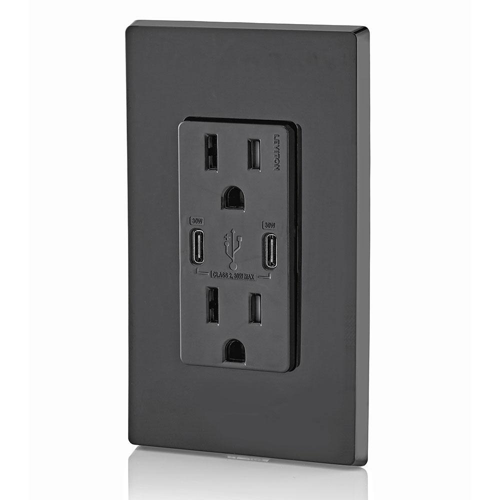 Leviton 30-Watt 6 Amp USB Dual Type-C with Power Delivery In-Wall Charger15 Amp 125-Volt Tamper-Resistant Outlet Black T5635-E