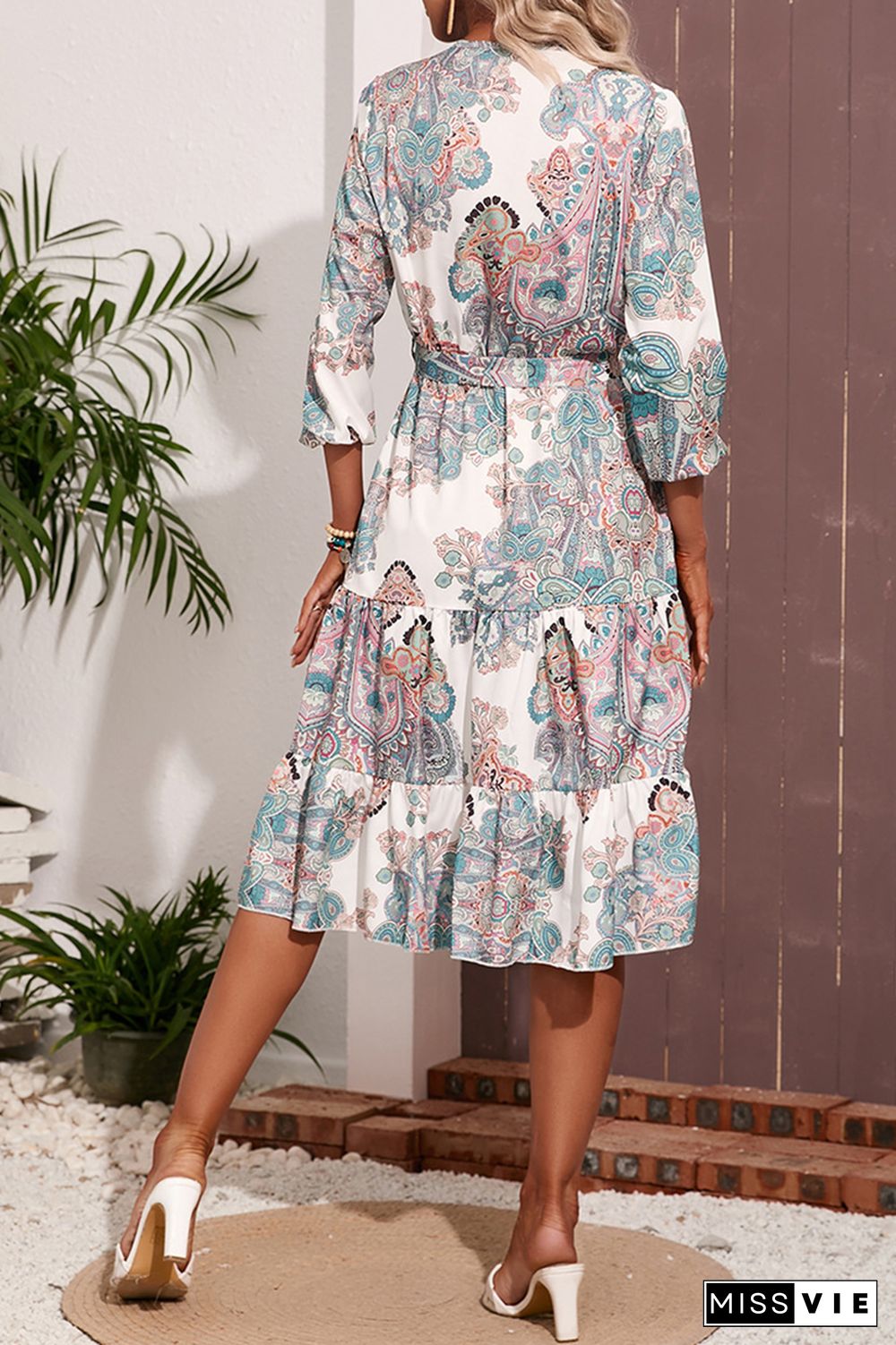 Fashion Print Patchwork V Neck Waist Skirt Dresses