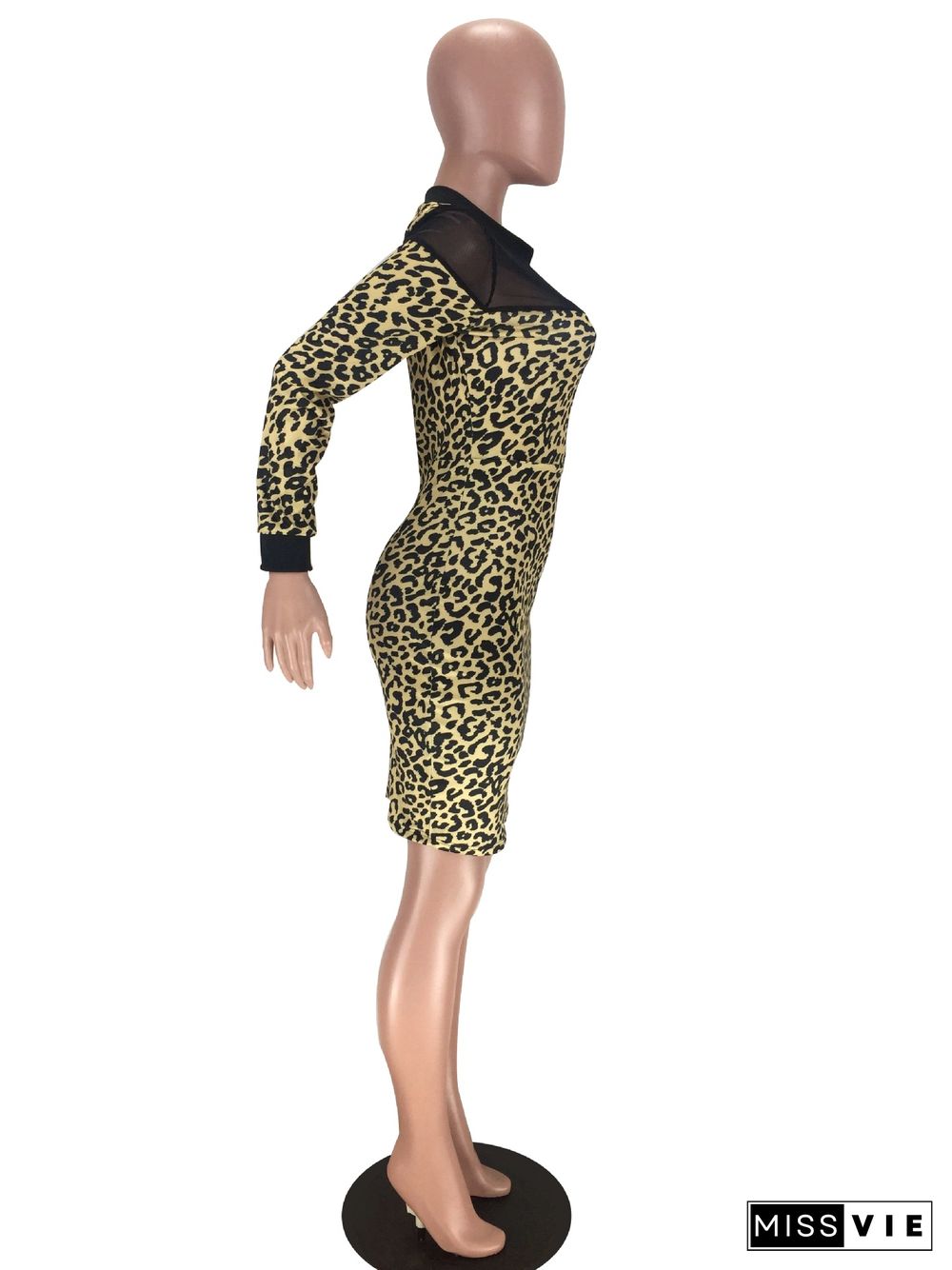 Mesh Patchwork Leopard Camouflage Bodycon Midi Dress