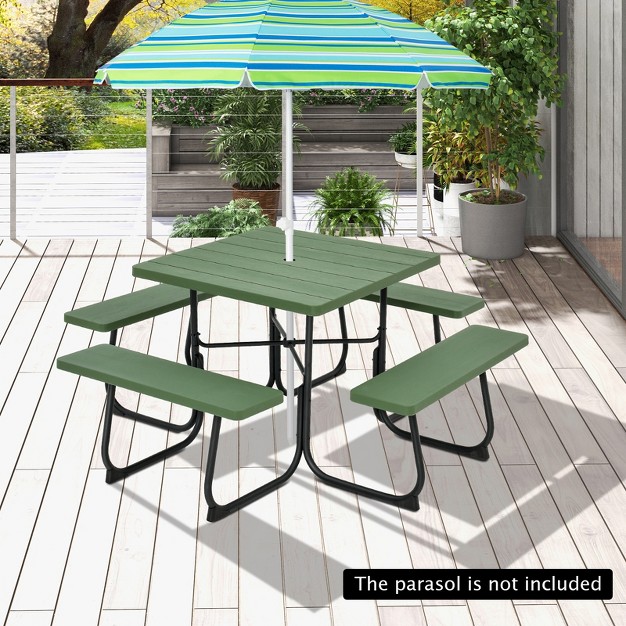 Tangkula 8 person Round Picnic Table Bench Set Outdoor Circular Picnic Table With 4 Benches amp Umbrella Hole 500 Lbs Capacity Black grey white green