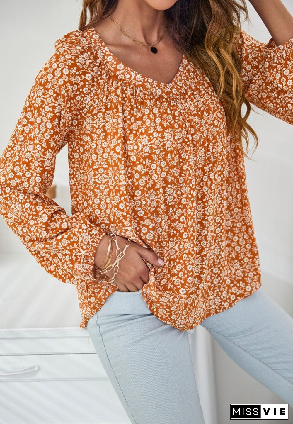 Classic V Neck Floral Blouse