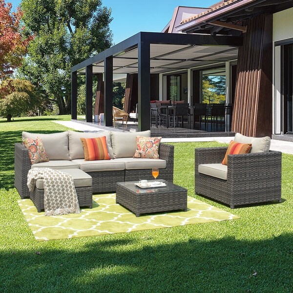 OVIOS Patio Furniture Deep Seat Wicker 6piece Set with Cushions