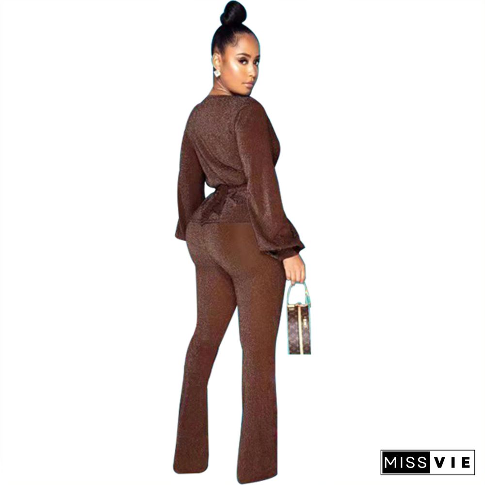 Shiny Plunge V Neck Long Sleeve Crop Top Pants Suits